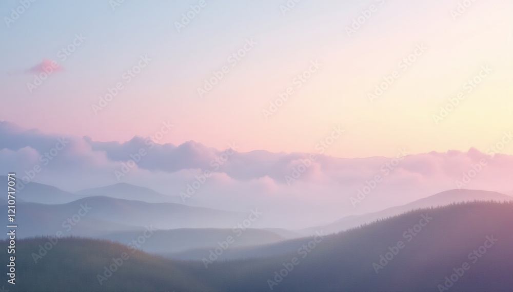 Fototapeta premium Pastel rainbow colored misty cloudy landscape with hills, fluffy, peaceful