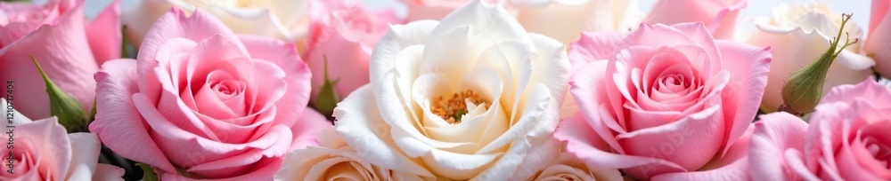 Delicate pink roses surround a central white flower, white, pink Delicate pink roses surround a central white flower, white, pink