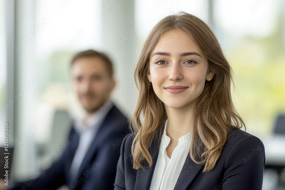 A professional setting inside a modern office with a woman in the foreground A professional setting inside a modern office with a woman in the foreground