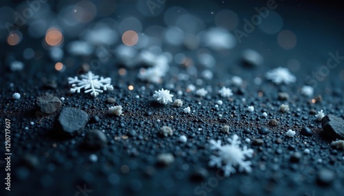 Snowflakes gently falling on dark granite surface, stone, fall photo