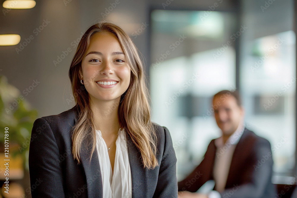 Obraz premium A professional setting inside a modern office with a woman in the foreground