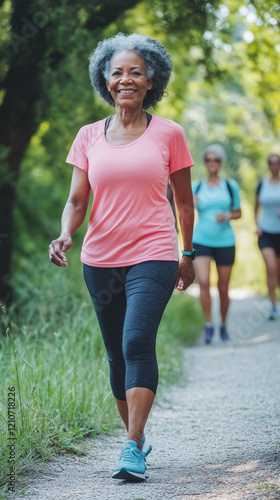 Aging black african american woman, walking on a walking trail, exercise outdoors, some other people in background. Elderly black woman in good health, walking or jogging outdoors. Senior black woman.