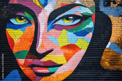 A striking graffiti-style mural adorns an urban brick wall, depicting a vibrant abstract face with bold colors. The artwork captures the essence of street art culture and creativity photo