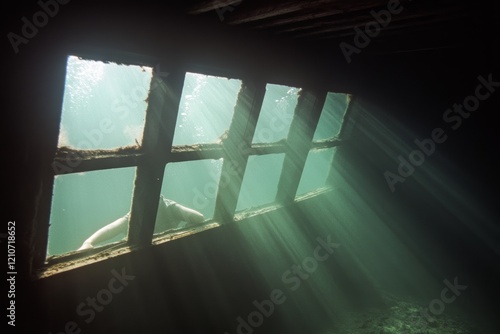 Sunbeams penetrate an underwater window, creating ethereal patterns in the submerged world. photo