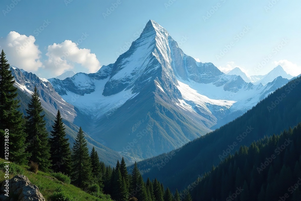 Coniferous forest surrounding a glacier-covered mountain peak, mountain, landscape, cold weather Coniferous forest surrounding a glacier-covered mountain peak, mountain, landscape, cold weather