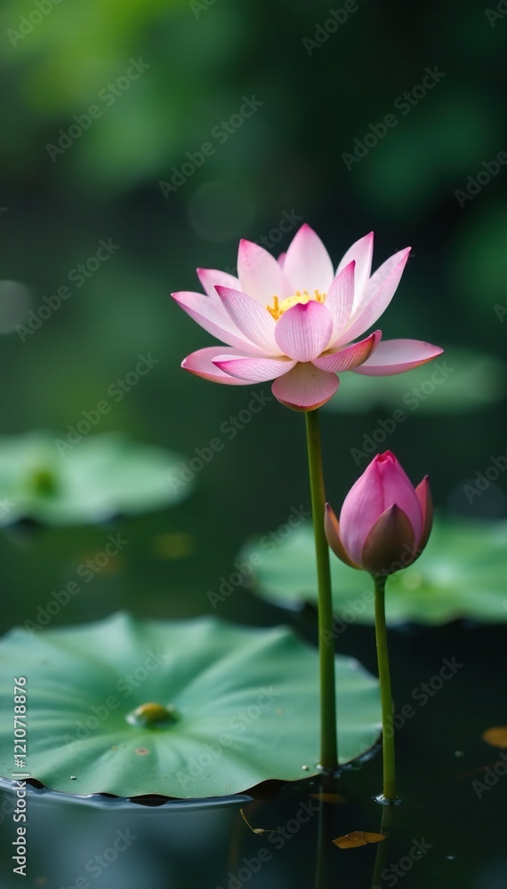 Fototapeta premium Delicate lotus flower blooms in a serene pond environment, calm, ripples, nature