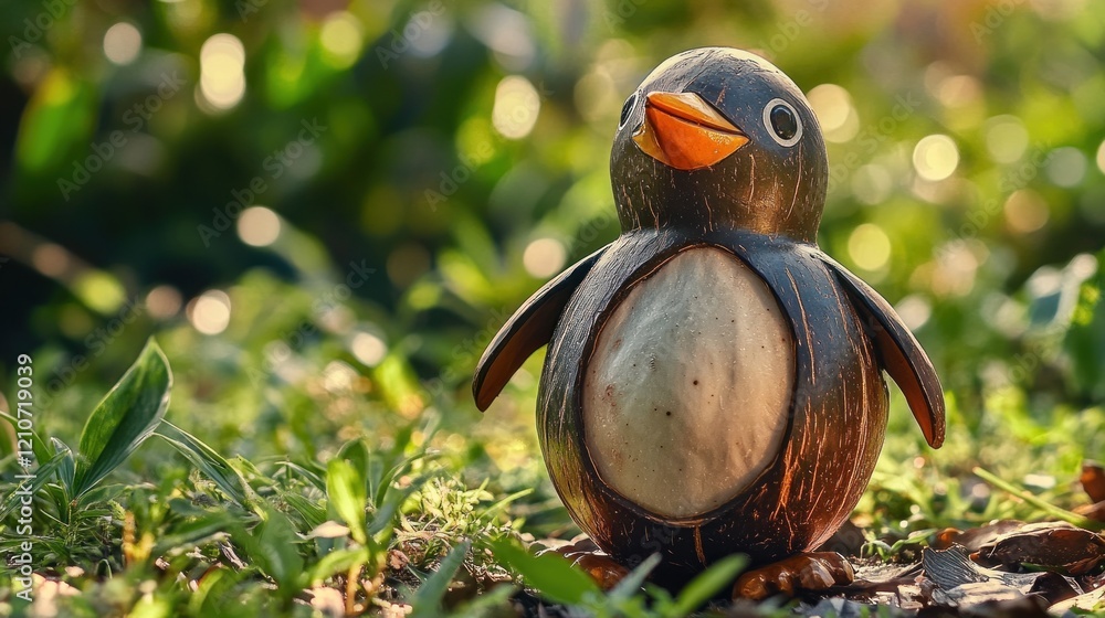 Cute carved coconut penguin figurine in lush green grass. Cute carved coconut penguin figurine in lush green grass.