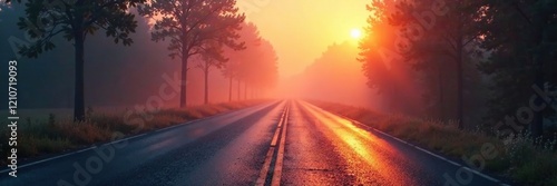 Asphalt road disappearing into the fog at dawn, hazy, dark shadows, wet pavement photo