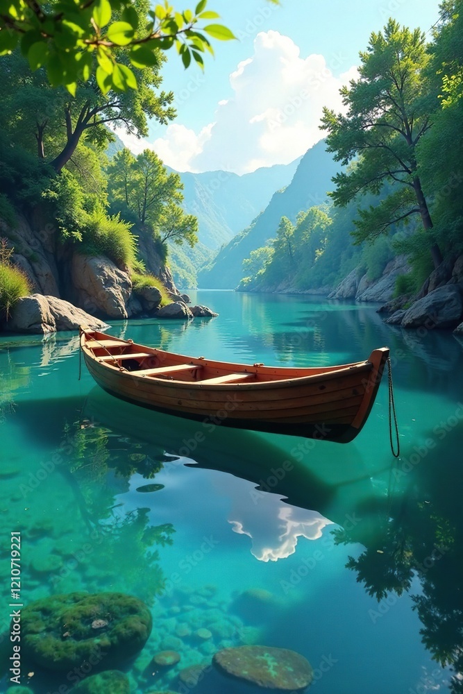 Boat partially submerged in the river's calm waters, submerged, watery, pool Boat partially submerged in the river's calm waters, submerged, watery, pool