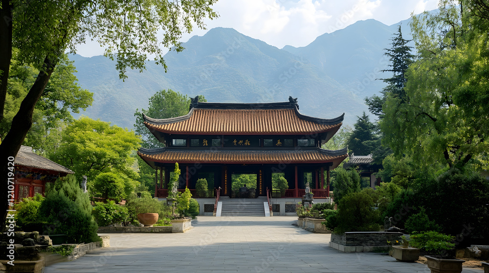 Serene Traditional Chinese Temple with Mountain Background in Lush Greenery : Generative AI Serene Traditional Chinese Temple with Mountain Background in Lush Greenery : Generative AI