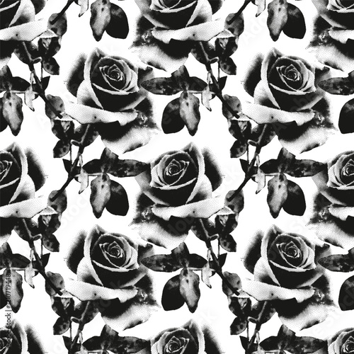 Monochrome distressed roses seamless pattern with retro photocopy effect. Black floral print with grainy stippling effect. Trendy vintage design with grunge messy texture Vector illustration