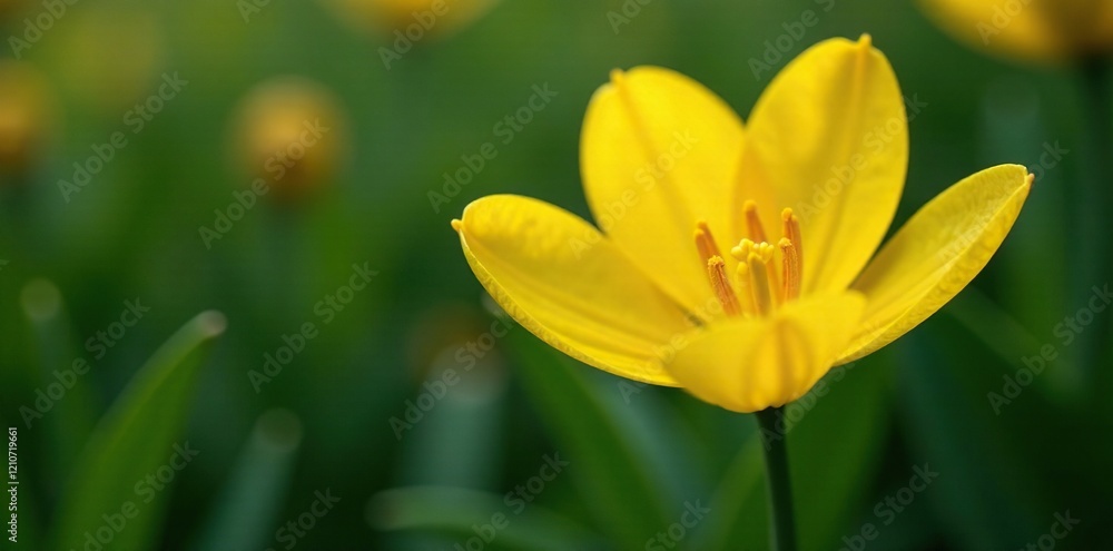 Bright yellow petals unfurl from dark green stem, flower details, spring blooms Bright yellow petals unfurl from dark green stem, flower details, spring blooms