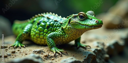 Large green crocodile newt on a rocky surface, attractive, large photo