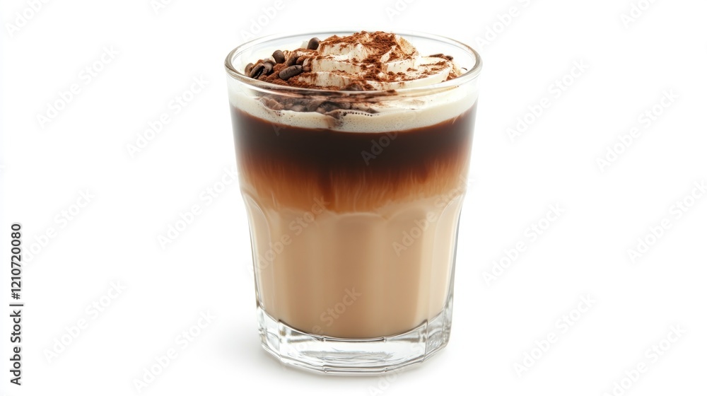 Iced coffee drink, whipped cream, cocoa, studio shot, beverage menu Iced coffee drink, whipped cream, cocoa, studio shot, beverage menu