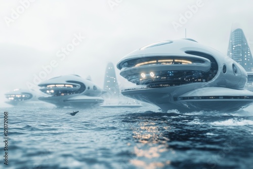 Sleek, futuristic vessels navigate a foggy waterway, embodying advanced maritime technology amidst a sci-fi inspired cityscape. photo