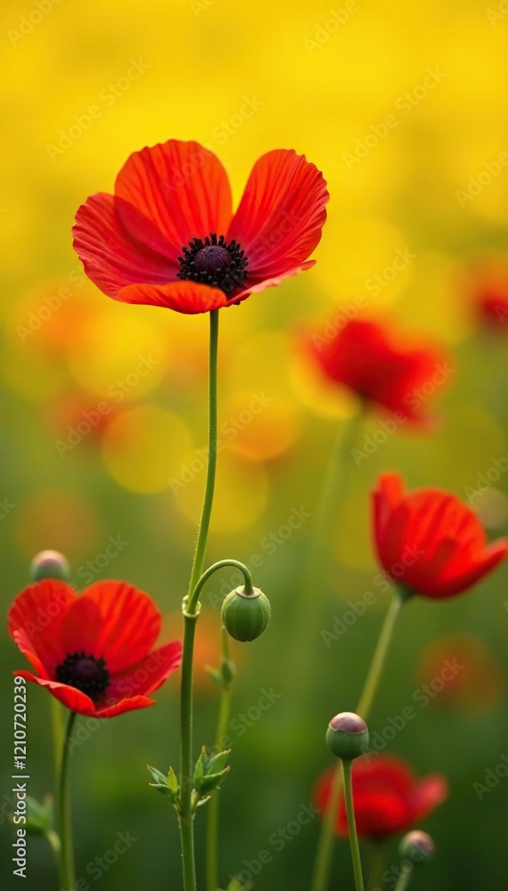 Fototapeta premium Field of scarlet globemallow flowers with yellow background, flower, bloom
