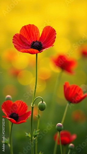 Field of scarlet globemallow flowers with yellow background, flower, bloom photo