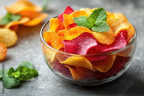 Fresh snacks ready to be enjoyed in this glass bowl filled with crispy chips and refreshing mint leaves photo