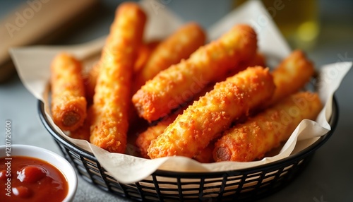 Crispy mozzarella sticks in basket with marinara sauce. Delicious snack fast food. Perfect for parties casual meals. Yummy fried food ready to eat. Ideal for food bloggers restaurants. Appetising