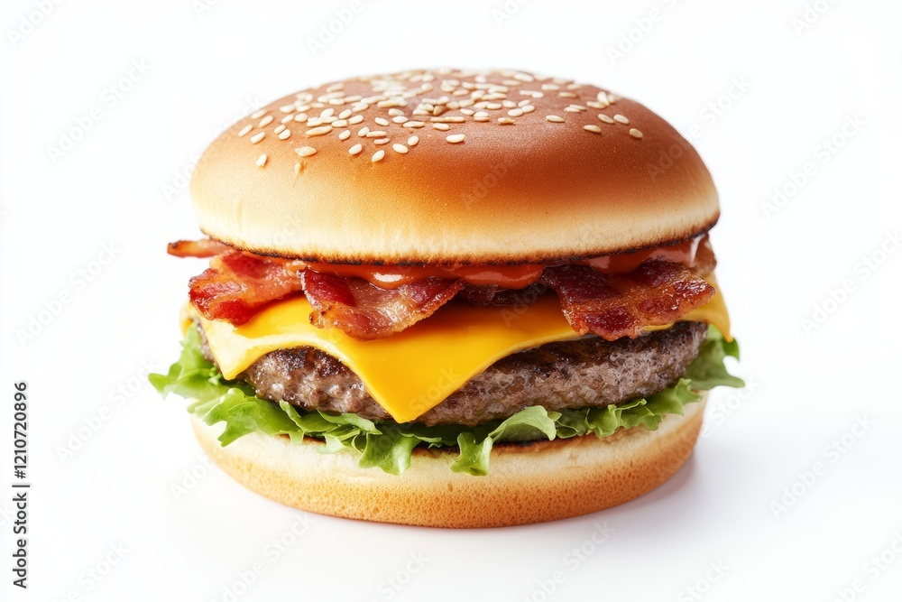 A classic cheeseburger with crispy bacon, bright lettuce, and a sesame seed bun, offering a tantalizing blend of flavors. A classic cheeseburger with crispy bacon, bright lettuce, and a sesame seed bun, offering a tantalizing blend of flavors.