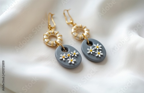 Wallpaper Mural Close-up view of handmade polymer clay earrings. Stylish accessory with delicate daisy flowers. Trendy design. Grey oval shapes with white flowers, gold details. Modern jewelry. Unique pair. Torontodigital.ca