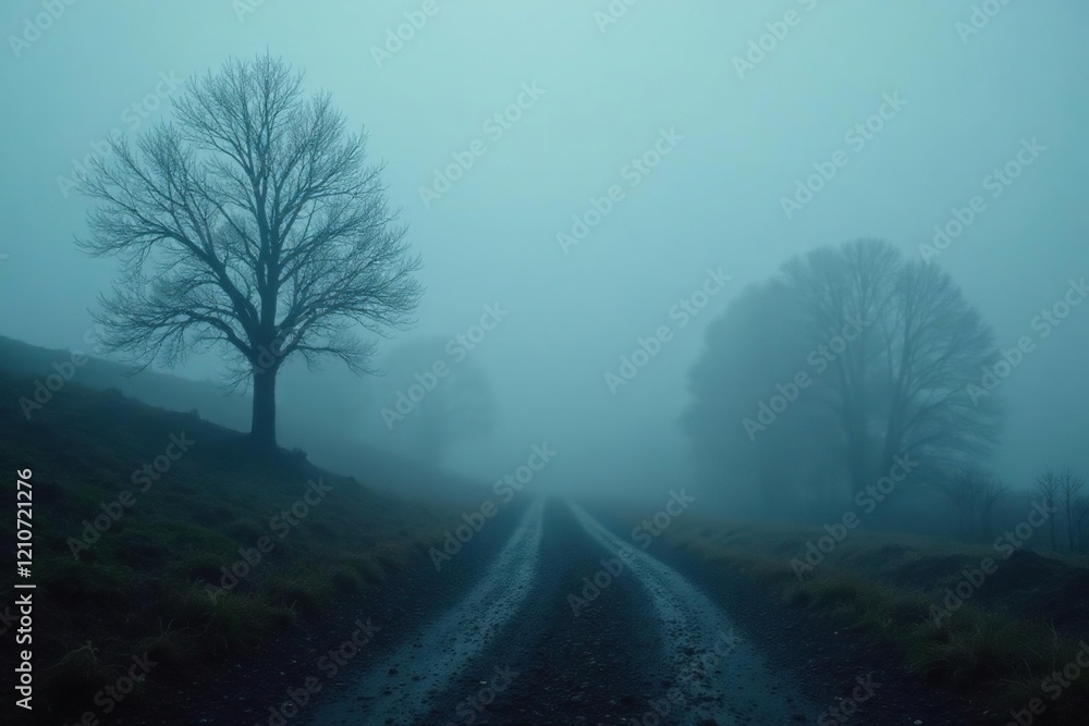 Thick fog envelops a desolate scene with a sense of unease, eerie, darkness Thick fog envelops a desolate scene with a sense of unease, eerie, darkness