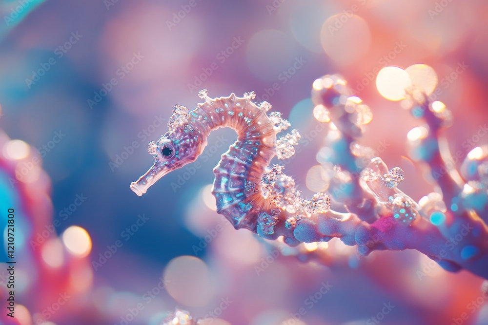 A delicate, ethereal seahorse floats in a dreamy underwater world, surrounded by colorful bokeh, creating an enchanting aquatic scene. A delicate, ethereal seahorse floats in a dreamy underwater world, surrounded by colorful bokeh, creating an enchanting aquatic scene.