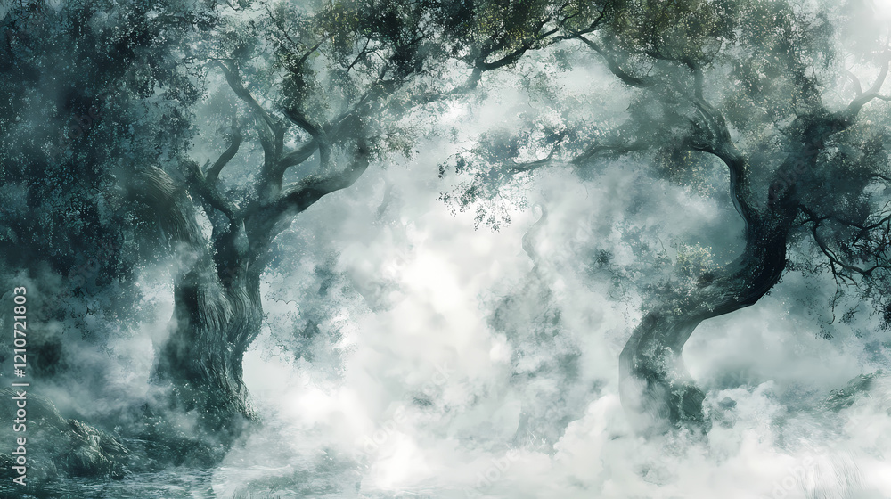 Misty forest glade with fog swirling around ancient trees, greenery, peaceful, mist. Ancient Forest. Illustration Misty forest glade with fog swirling around ancient trees, greenery, peaceful, mist. Ancient Forest. Illustration