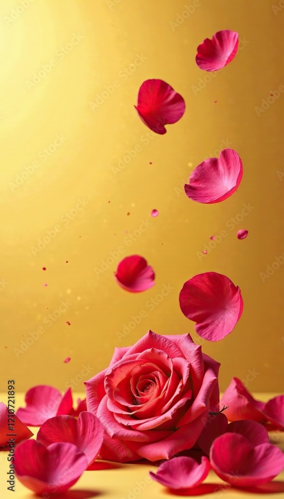 Delicate rose petals fall onto golden surface, rose petals falling, floral falls Delicate rose petals fall onto golden surface, rose petals falling, floral falls