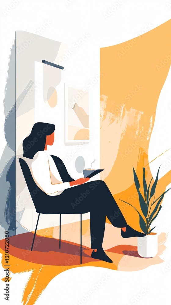 Fototapeta premium Woman enjoying a quiet moment with coffee in a stylish, modern interior. Perfect for lifestyle, home decor, and relaxation themes.