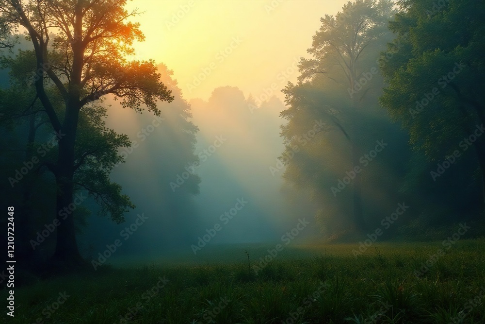 Fototapeta premium Misty dawn forest landscape with fog rolling through trees, nature, sunlight