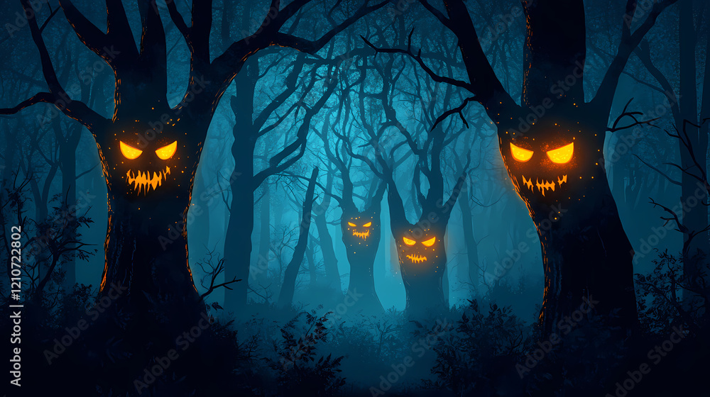 Spooky forest with mysterious trees and glowing eyes during the night. Ancient Forest. Illustration Spooky forest with mysterious trees and glowing eyes during the night. Ancient Forest. Illustration