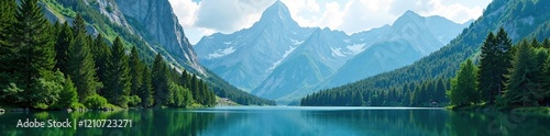 Dense forest foliage amidst towering mountain peaks, serene environment, lake forest photo