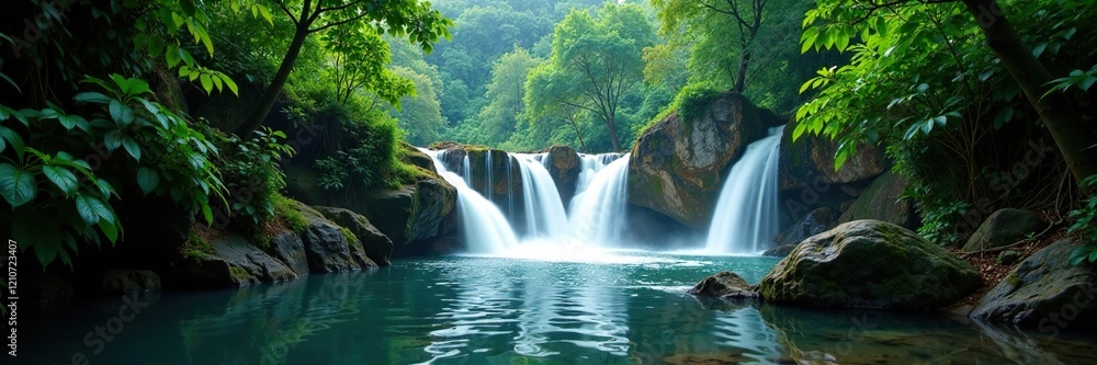 Fototapeta premium Waterfalls merge with a river amidst dense jungle foliage, peaceful, moving