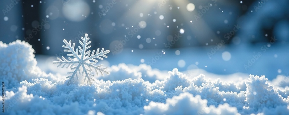 A delicate snowflake falls onto a snowy ground amidst a winter wonderland scene, frozen, serenity A delicate snowflake falls onto a snowy ground amidst a winter wonderland scene, frozen, serenity