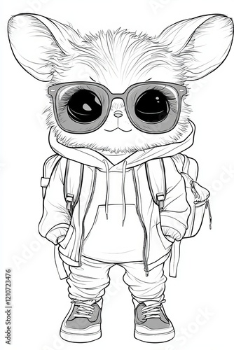 Cute anthropomorphic character wearing a hoodie, backpack, and oversized sunglasses, exuding a playful, stylish vibe.