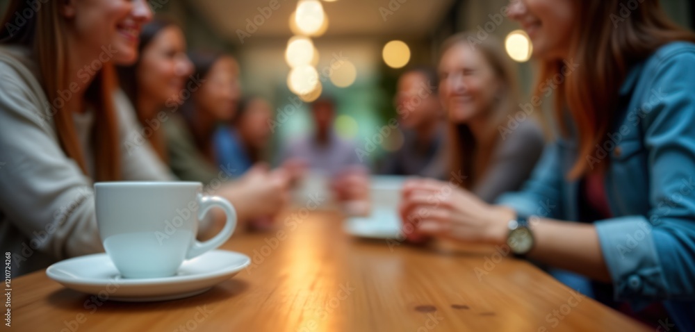 Group of friends gathering in modern cafe. Socialize, enjoy hot drinks at wooden table. Casual attire. Enjoying break. Beautiful place for friendship, conversation. Diverse lifestyles. Social Group of friends gathering in modern cafe. Socialize, enjoy hot drinks at wooden table. Casual attire. Enjoying break. Beautiful place for friendship, conversation. Diverse lifestyles. Social