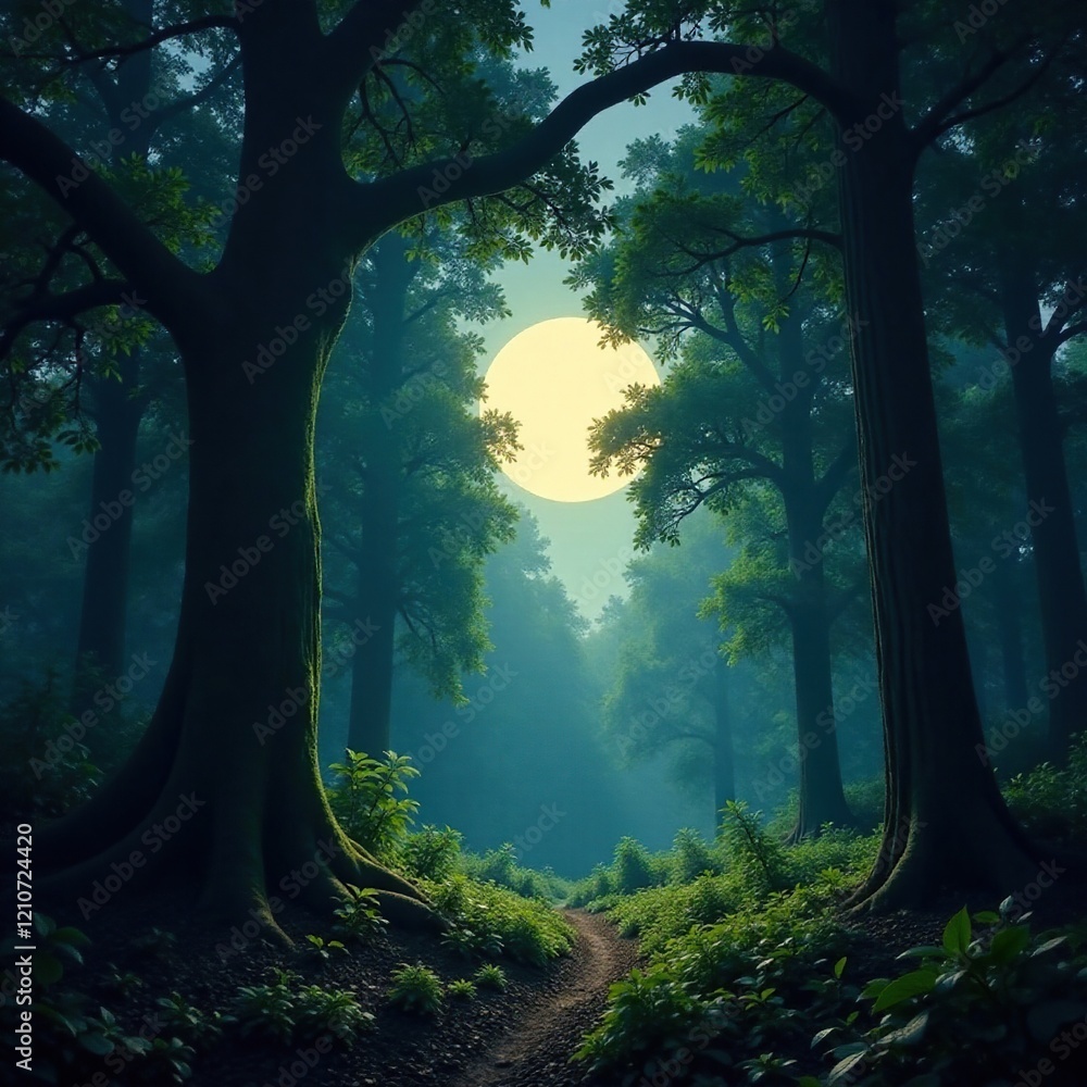 Fototapeta premium Dense foliage illuminated by soft moonlight filtering through the canopy, shadow, giant trees, vegetation