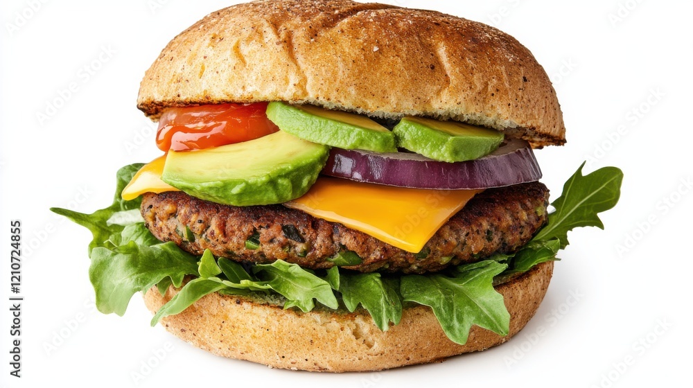 A gourmet veggie patty burger with a hearty vegetable patty, melted cheddar cheese, avocado slices A gourmet veggie patty burger with a hearty vegetable patty, melted cheddar cheese, avocado slices
