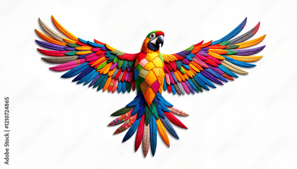 Obraz premium Colorful parrot flying with patchwork feathers, vibrant creativity
