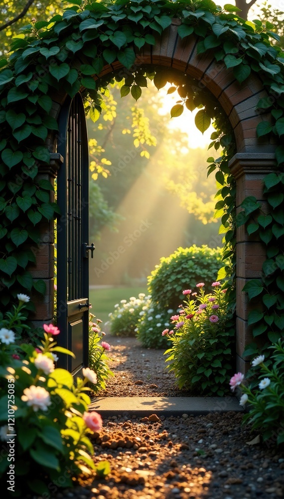 Fototapeta premium Softly glowing light filtering through a garden gate, filter, lighting