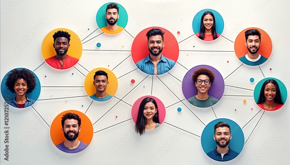 Diverse group of people connected in network. Friendly faces represent vibrant social media community. Visualizes online connections, digital interactions. Colorful circles, lines symbolize Diverse group of people connected in network. Friendly faces represent vibrant social media community. Visualizes online connections, digital interactions. Colorful circles, lines symbolize
