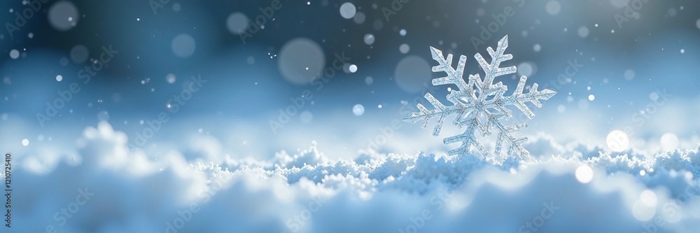 Fototapeta premium Diamond snowflake gently falling on pristine white surface, stillness, snowfall, serene