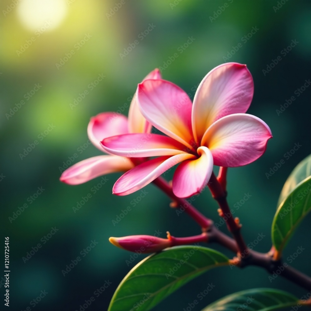 Fototapeta premium Delicate pink frangipani blooms on a leafy branch, tropical, frangipani