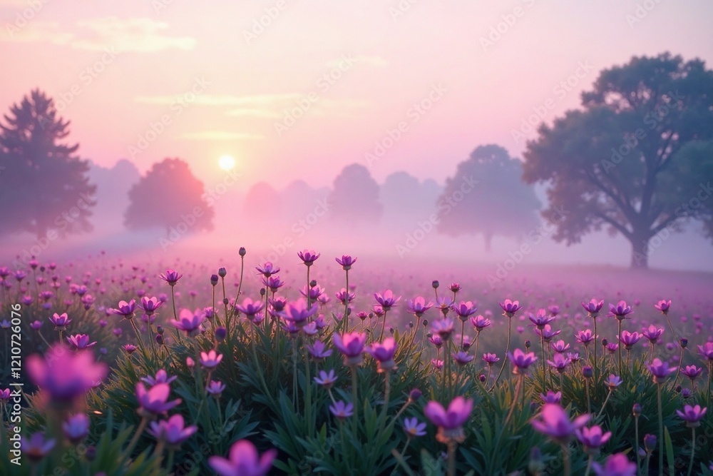 Obraz premium Soft pink and purple shades dance across a misty meadow, dawn, natural, soft focus