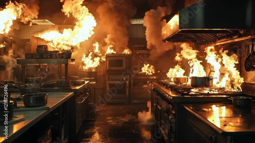 Intense Kitchen Fire Blaze Captured in Dramatic Cinematic Style