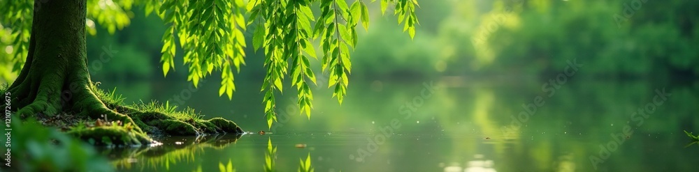 A lone willow branch swaying gently over a small pond, breeze, leaves, reflection A lone willow branch swaying gently over a small pond, breeze, leaves, reflection