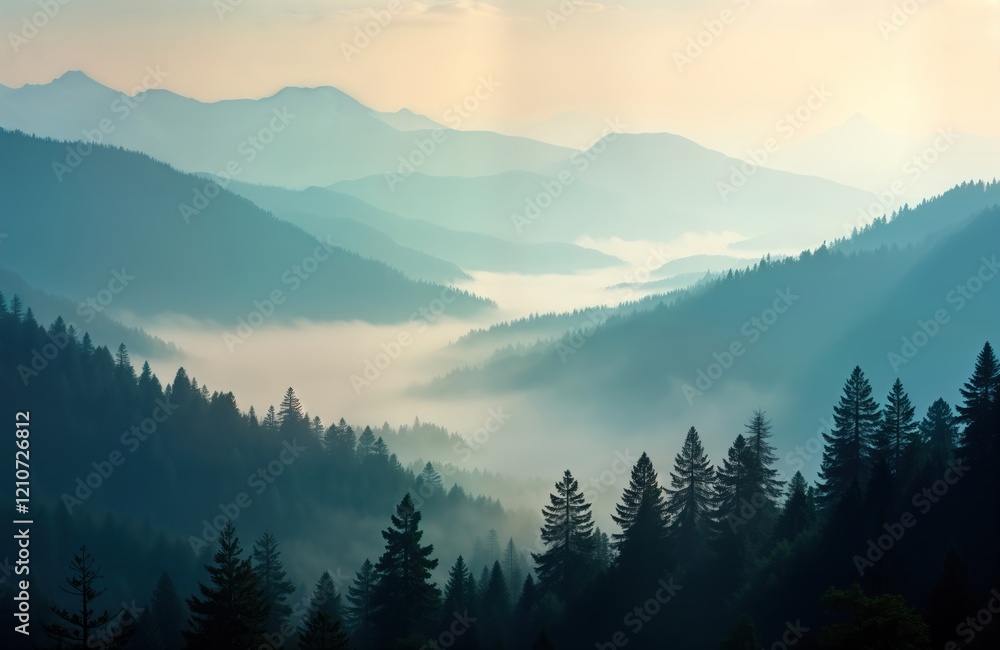 Obraz premium Misty morning view on mountain landscape. Thick fog covers valleys between misty hills. Dark silhouettes of pine trees on slopes. Peaceful, mysterious scenery. Ideal for travel, tourism themed