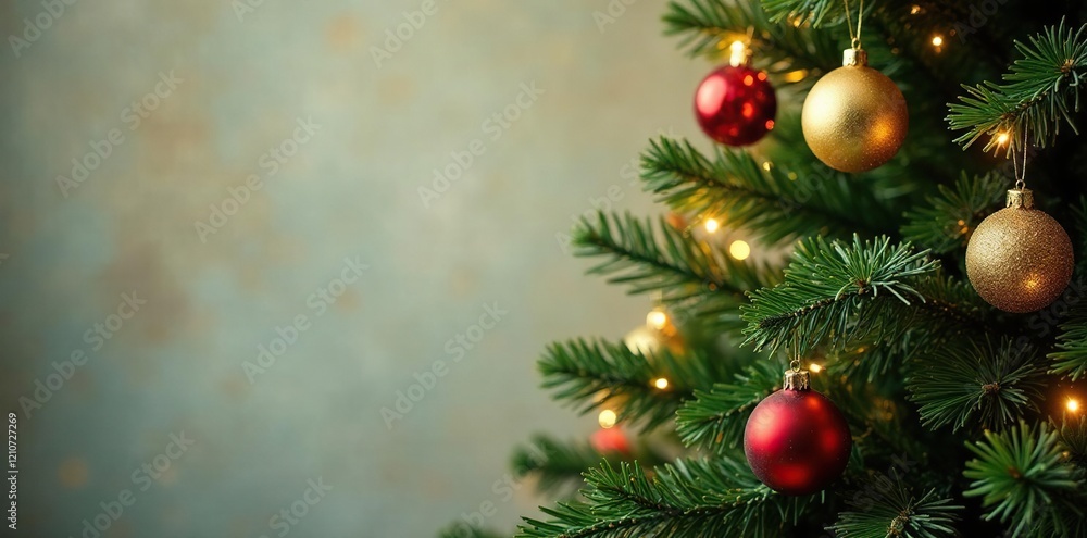 Christmas tree decorated with golden ornaments and greenery, festive, ornaments Christmas tree decorated with golden ornaments and greenery, festive, ornaments
