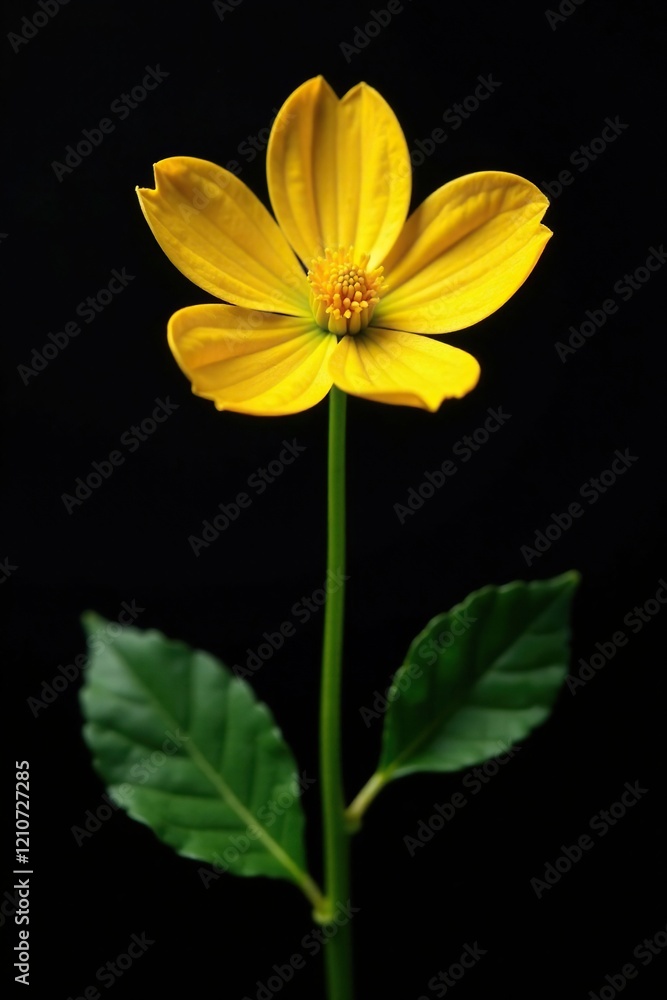 Obraz premium Primrose flower with sharp green stem on black background, botanical, stem, flower